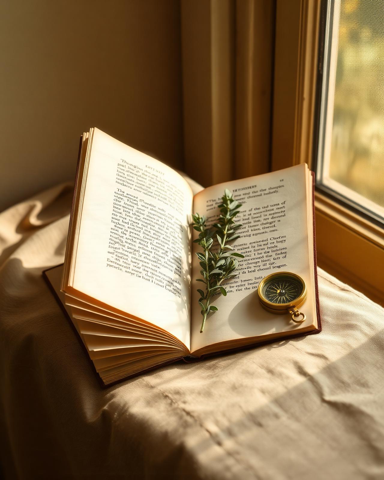 An open manuscript with sage and a brass compass in golden window light